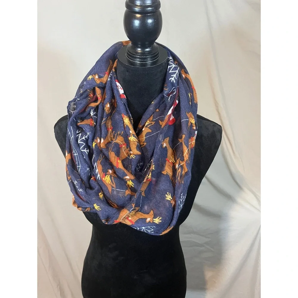 Navy Blue Christmas‎ Infinity Scarf Santa Reindeer Snowflake Holiday Accessory
